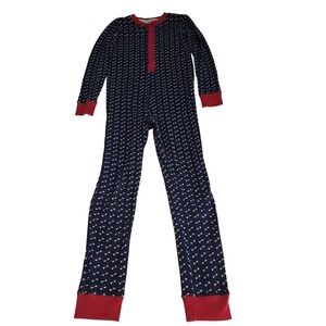 LL Bean Kids Navy Heart Organic Cotton Union Suit One Piece Pajamas Size 12